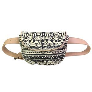 Sakroots BLACK WHITE JUTE COTTON ARTIST CIRCLE FANNY WAIST BAG CLUTCH HANDBAG